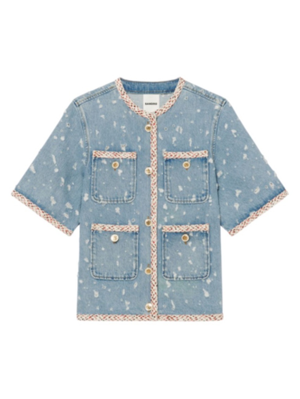 SANDRO Lorette Distressed Short Sleeve Demin Jacket - 40 FR - US 8 - SEE NOTES